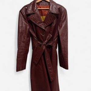 Vintage School House Women’s Burgundy Genuine Leather Belted Trench Coat L